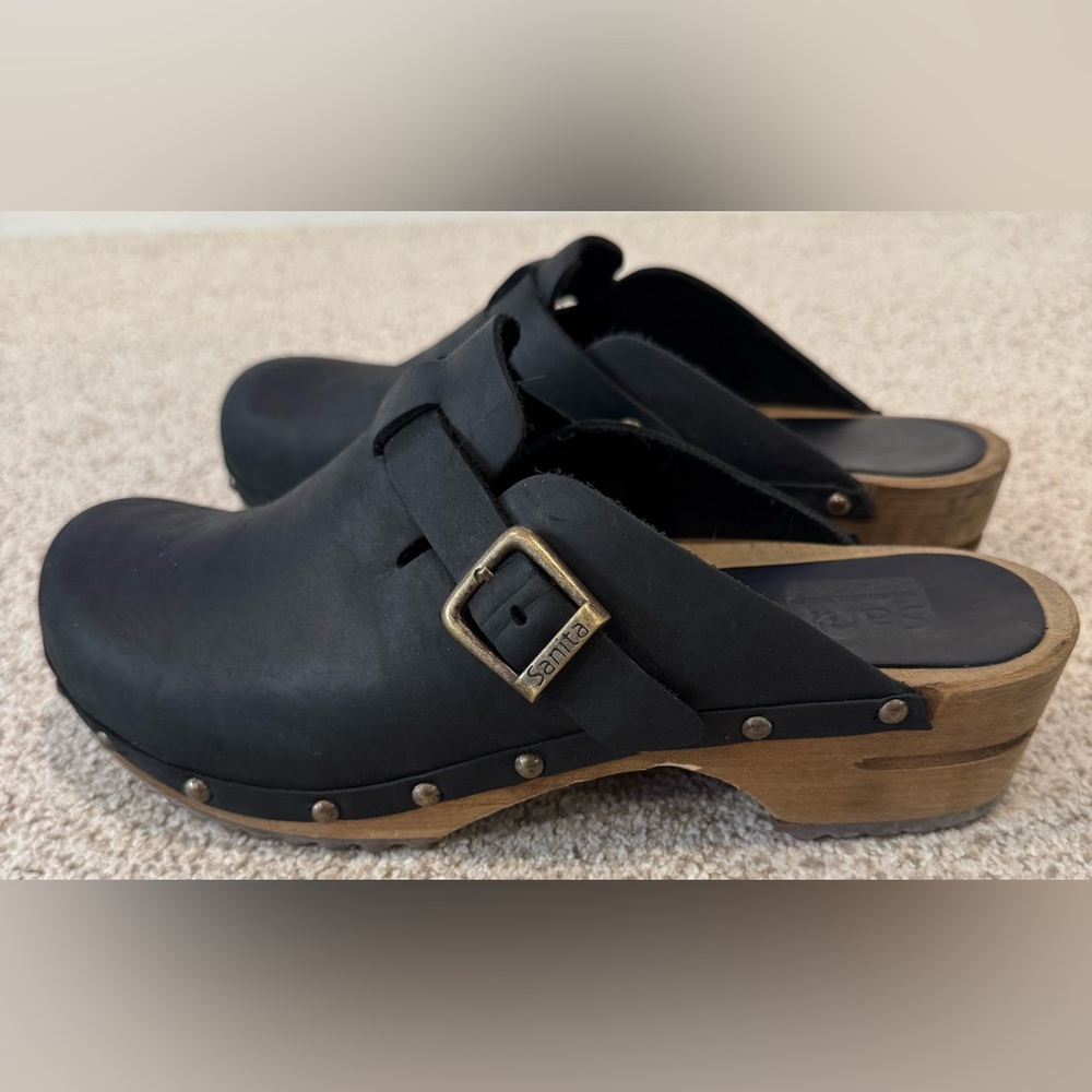 Sanita Kristel Black Nubuck Leather Wood Studded Clog Mule Shoes w/ Buckle - Picture 6 of 15